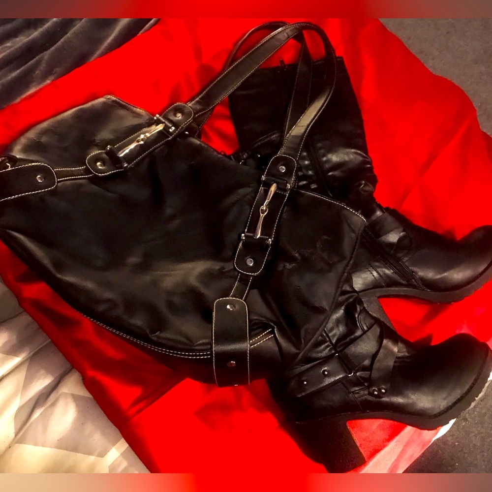 Black leather boots with black purse.